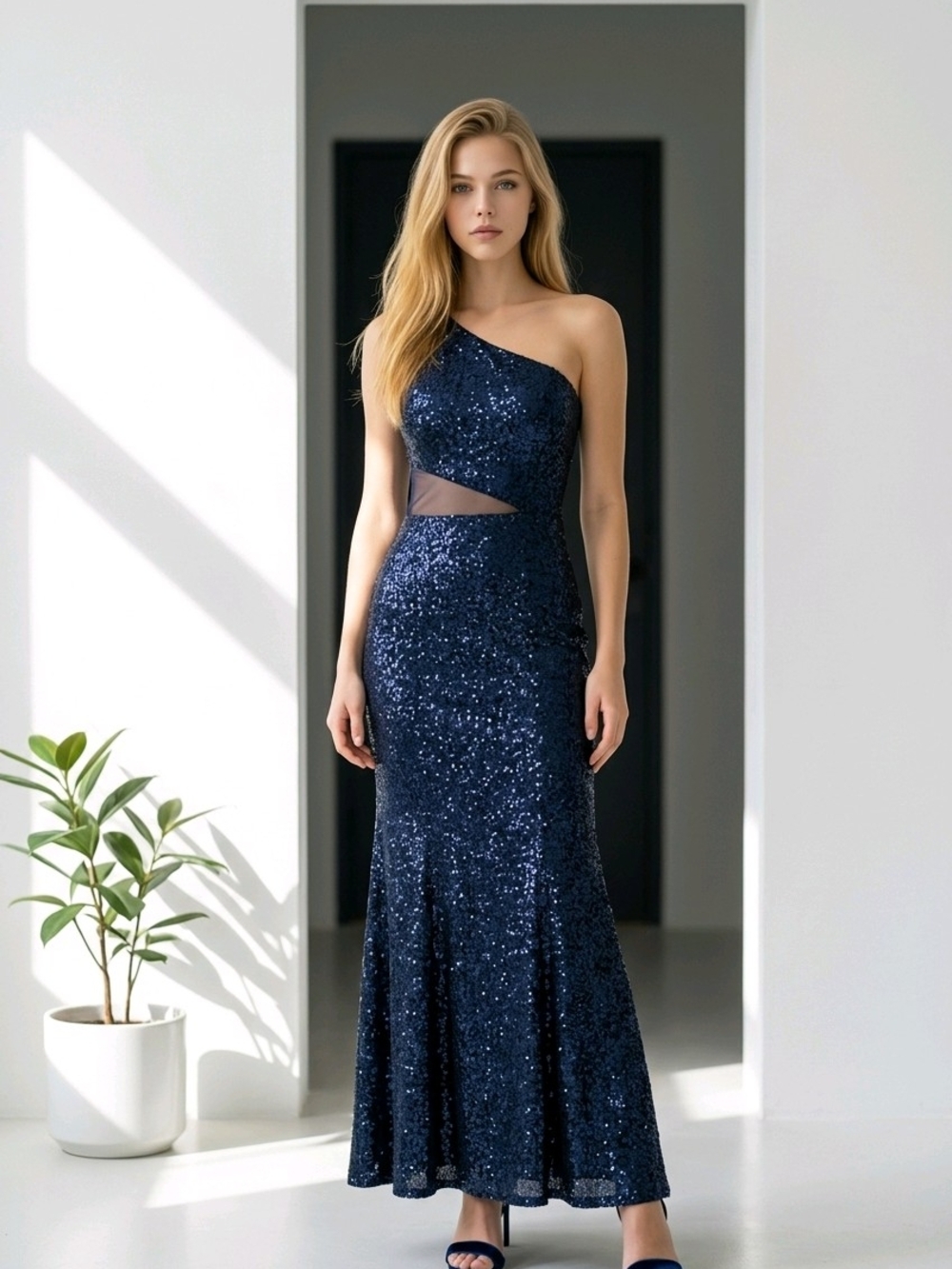 Xscape Navy One-Shoulder Sequin Gown